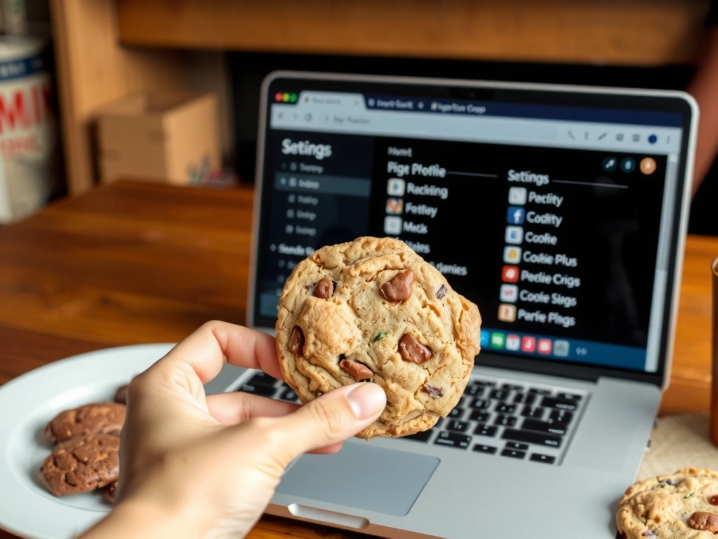 Eine Hand hält einen Keks, während im Hintergrund ein Laptop mit Cookie-Einstellungen zu sehen ist.
