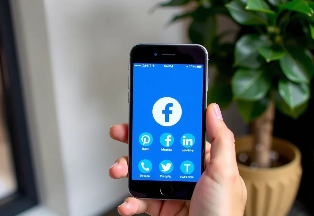 Eine Person hält ein Smartphone mit Social-Media-Logos auf dem Bildschirm, was Konnektivität symbolisiert.