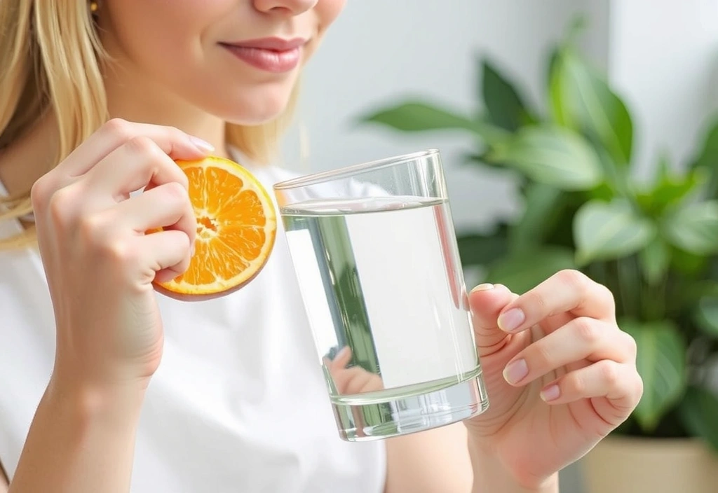 Bild einer Person, die Wasser trinkt und Obst isst