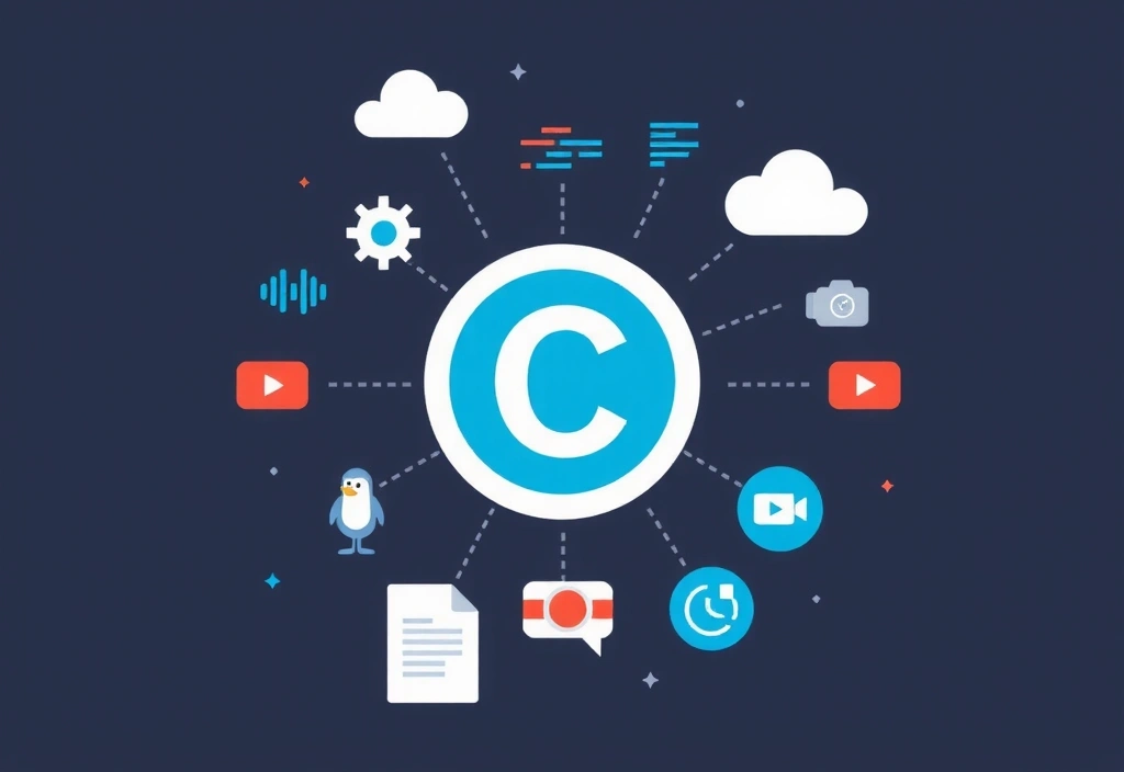 Ein stilisiertes Copyright-Symbol, umgeben von digitalen Elementen, die Online-Inhalte darstellen.